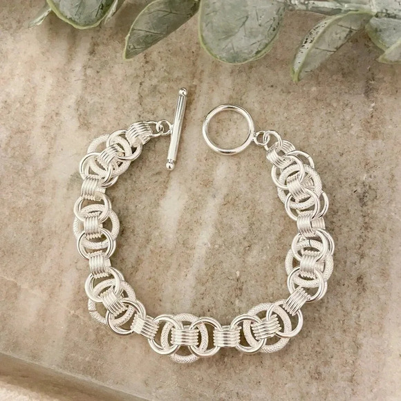 925 Sterling Silver Chunky Chain Link Toggle Bracelet Silver Statement Bracelet - Picture 1 of 9